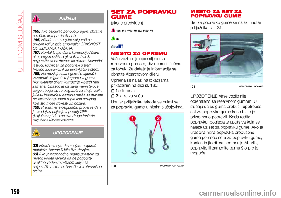 Abarth 124 Spider 2018  Knjižica za upotrebu i održavanje (in Serbian) PAŽNJA
165)Ako osigurač ponovo pregori, obratite
se dileru kompanije Abarth.
166)Nikada ne menjajte osigurač sa
drugim koji je jače amperaže; OPASNOST
OD IZBIJANJA POŽARA.
167)Kontaktirajte dile