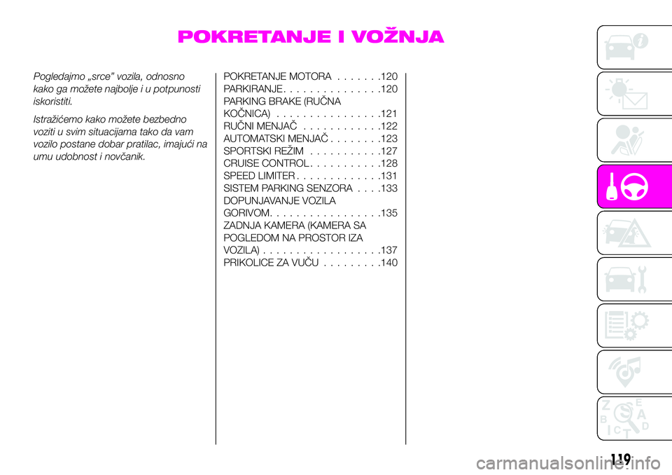 Abarth 124 Spider 2020  Knjižica za upotrebu i održavanje (in Serbian) POKRETANJE I VOŽNJA
Pogledajmo „srce” vozila, odnosno
kako ga možete najbolje i u potpunosti
iskoristiti.
Istražićemo kako možete bezbedno
voziti u svim situacijama tako da vam
vozilo postane