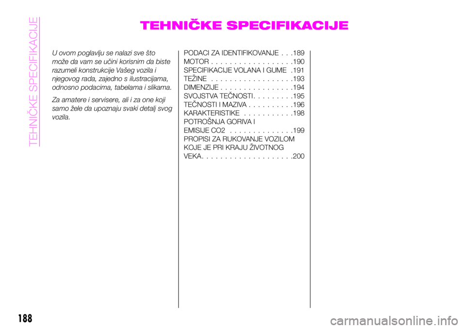 Abarth 124 Spider 2020 Knjižica za upotrebu i održavanje (in Serbian) TEHNIČKE SPECIFIKACIJE
U ovom poglavlju se nalazi sve što
može da vam se učini korisnim da biste
razumeli konstrukcije Vašeg vozila i
njegovog rada, zajedno s ilustracijama,
odnosno podacima, tab Abarth 124 Spider 2020 Knjižica za upotrebu i održavanje (in Serbian) TEHNIČKE SPECIFIKACIJE
U ovom poglavlju se nalazi sve što
može da vam se učini korisnim da biste
razumeli konstrukcije Vašeg vozila i
njegovog rada, zajedno s ilustracijama,
odnosno podacima, tab