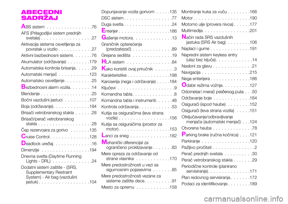 Abarth 124 Spider 2020 Knjižica za upotrebu i održavanje (in Serbian) ABECEDNI
SADRŽAJ
ABS sistem................76
AFS (Prilagodljivi sistem prednjih
svetala)..................27
Aktivacija sistema osvetljenja za
povratak u vozilo............27
Aktivni bezbednosni sis Abarth 124 Spider 2020 Knjižica za upotrebu i održavanje (in Serbian) ABECEDNI
SADRŽAJ
ABS sistem................76
AFS (Prilagodljivi sistem prednjih
svetala)..................27
Aktivacija sistema osvetljenja za
povratak u vozilo............27
Aktivni bezbednosni sis