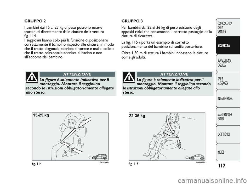 Abarth Punto 2012  Libretto Uso Manutenzione (in Italian) 117
CONOSCENZA
DELLA
VETTURA
SICUREZZA
AVVIAMENTO
E GUIDA
SPIE E
MESSAGGI
IN EMERGENZA
MANUTENZIONE
E CURA
DATI TECNICI
INDICE
F0U115Abfig. 115
La figura è solamente indicativa per il
montaggio. Mont
