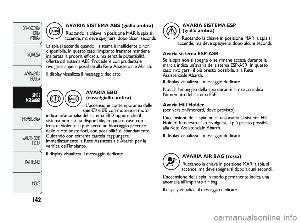Abarth Punto 2012  Libretto Uso Manutenzione (in Italian) 142
CONOSCENZADELLA 
VETTURA
SICUREZZA
AVVIAMENTO E GUIDA
SPIE E
MESSAGGI
IN EMERGENZA
MANUTENZIONE E CURA
DATI TECNICI
INDICE
AVARIA SISTEMA ABS (giallo ambra)Ruotando la chiave in posizione MAR la s