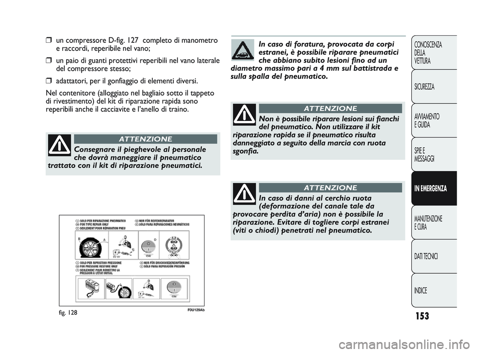 Abarth Punto 2012  Libretto Uso Manutenzione (in Italian) INDICE DATI TECNICI
MANUTENZIONE
E CURA
IN EMERGENZA SPIE E
MESSAGGI A
VVIAMENTO
E GUIDA SICUREZZA CONOSCENZA
DELLA 
VETTURA
153
❒un compressore D-fig. 127  completo di manometro
e raccordi, reperib