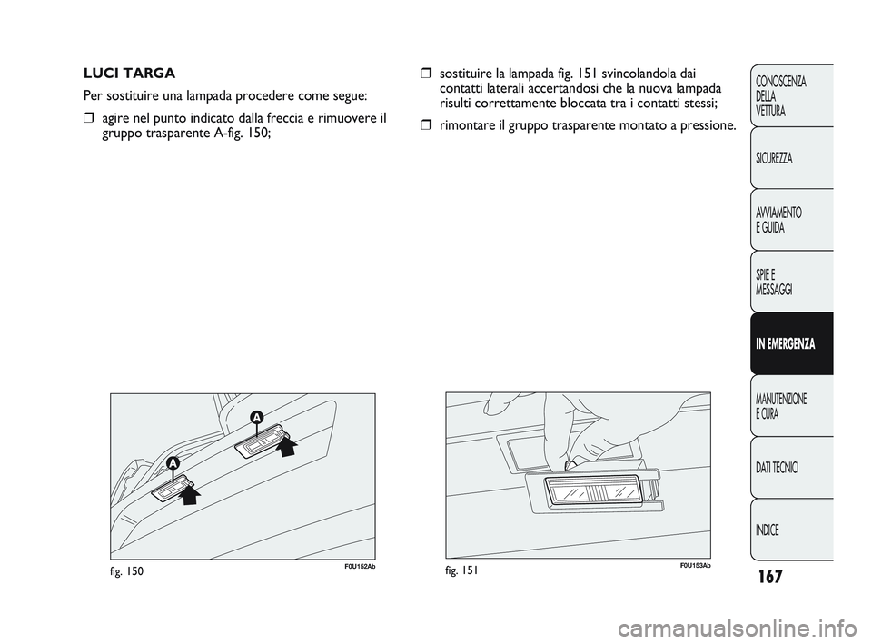 Abarth Punto 2012  Libretto Uso Manutenzione (in Italian) 167
CONOSCENZA
DELLA 
VETTURA
SICUREZZA
AVVIAMENTO
E GUIDA
SPIE E
MESSAGGI
IN EMERGENZA
MANUTENZIONE
E CURA
DATI TECNICI
INDICE
LUCI TARGA
Per sostituire una lampada procedere come segue:
❒agire nel