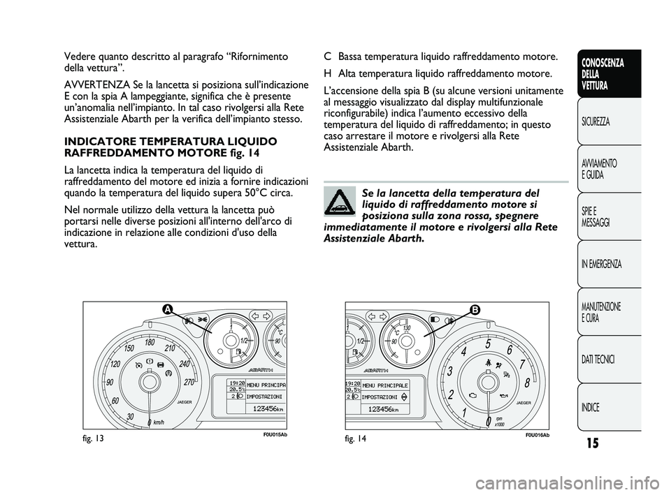 Abarth Punto 2012 Libretto Uso Manutenzione (in Italian) INDICE DATI TECNICI
MANUTENZIONE
E CURA
IN EMERGENZA SPIE E
MESSAGGI AVVIAMENTO
E GUIDA SICUREZZA
CONOSCENZA
DELLA
VETTURA
15
F0U015Abfig. 13F0U016Abfig. 14
C Bassa temperatura liquido raffreddamento Abarth Punto 2012 Libretto Uso Manutenzione (in Italian) INDICE DATI TECNICI
MANUTENZIONE
E CURA
IN EMERGENZA SPIE E
MESSAGGI AVVIAMENTO
E GUIDA SICUREZZA
CONOSCENZA
DELLA
VETTURA
15
F0U015Abfig. 13F0U016Abfig. 14
C Bassa temperatura liquido raffreddamento
