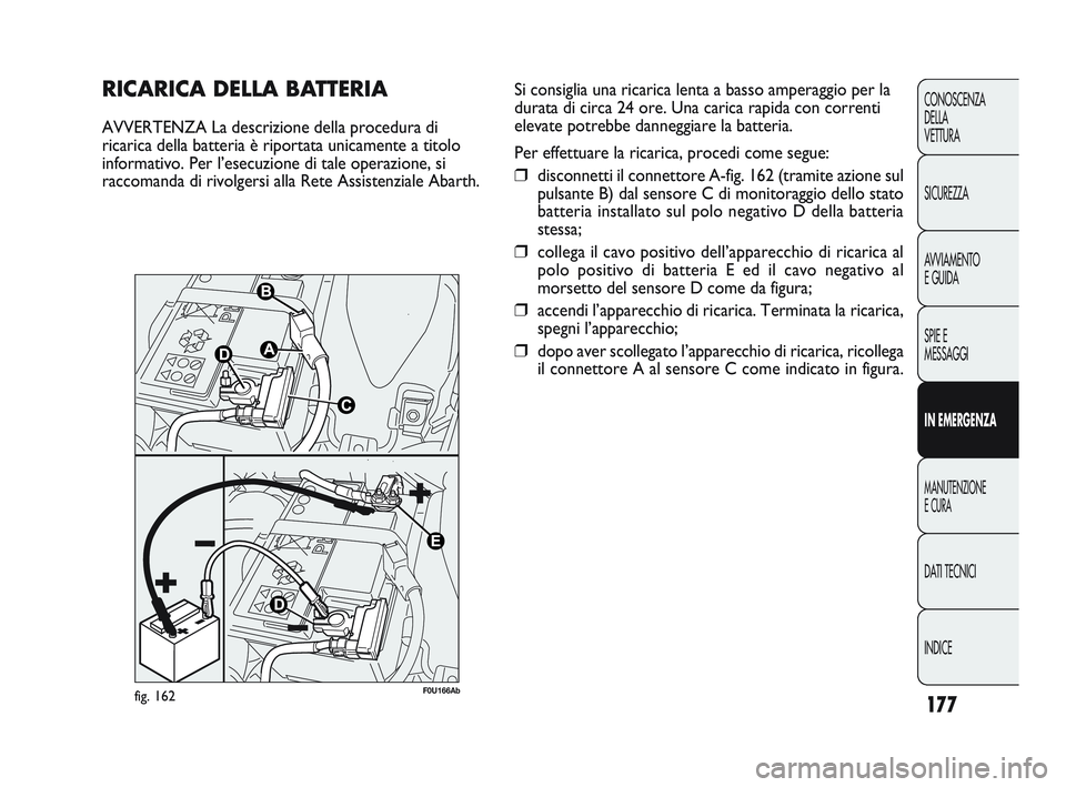Abarth Punto 2012  Libretto Uso Manutenzione (in Italian) INDICE DATI TECNICI
MANUTENZIONE
E CURA
IN EMERGENZA SPIE E
MESSAGGI A
VVIAMENTO
E GUIDA SICUREZZA CONOSCENZA
DELLA 
VETTURA
177
RICARICA DELLA BATTERIA
AVVERTENZA La descrizione della procedura di
ri