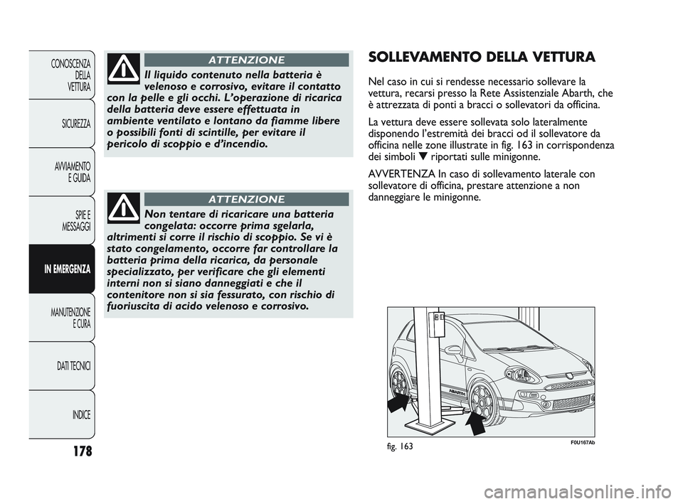 Abarth Punto 2012  Libretto Uso Manutenzione (in Italian) INDICE
DATI TECNICI
MANUTENZIONE
E CURA
IN EMERGENZA SPIE E
MESSAGGI
A

VVIAMENTO
E GUIDA
SICUREZZA
CONOSCENZA
DELLA
VETTURA
178
Il liquido contenuto nella batteria è
velenoso e corrosivo, evitare il