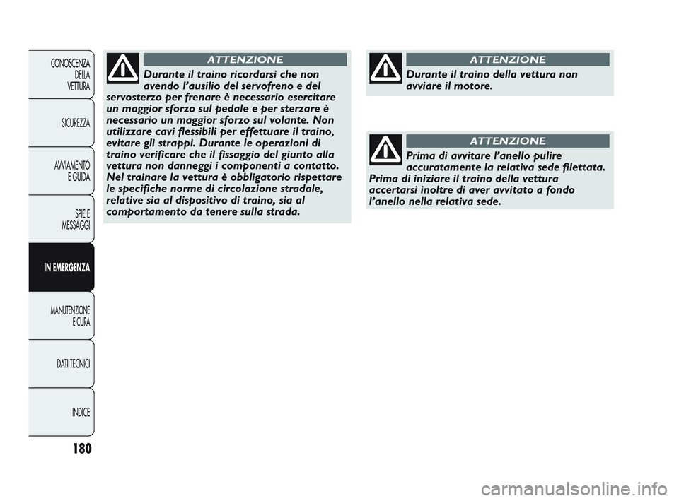 Abarth Punto 2012  Libretto Uso Manutenzione (in Italian) INDICE
DATI TECNICI
MANUTENZIONE
E CURA
IN EMERGENZA SPIE E
MESSAGGI
A

VVIAMENTO
E GUIDA
SICUREZZA
CONOSCENZA
DELLA
VETTURA
180
Durante il traino ricordarsi che non
avendo l’ausilio del servofreno 