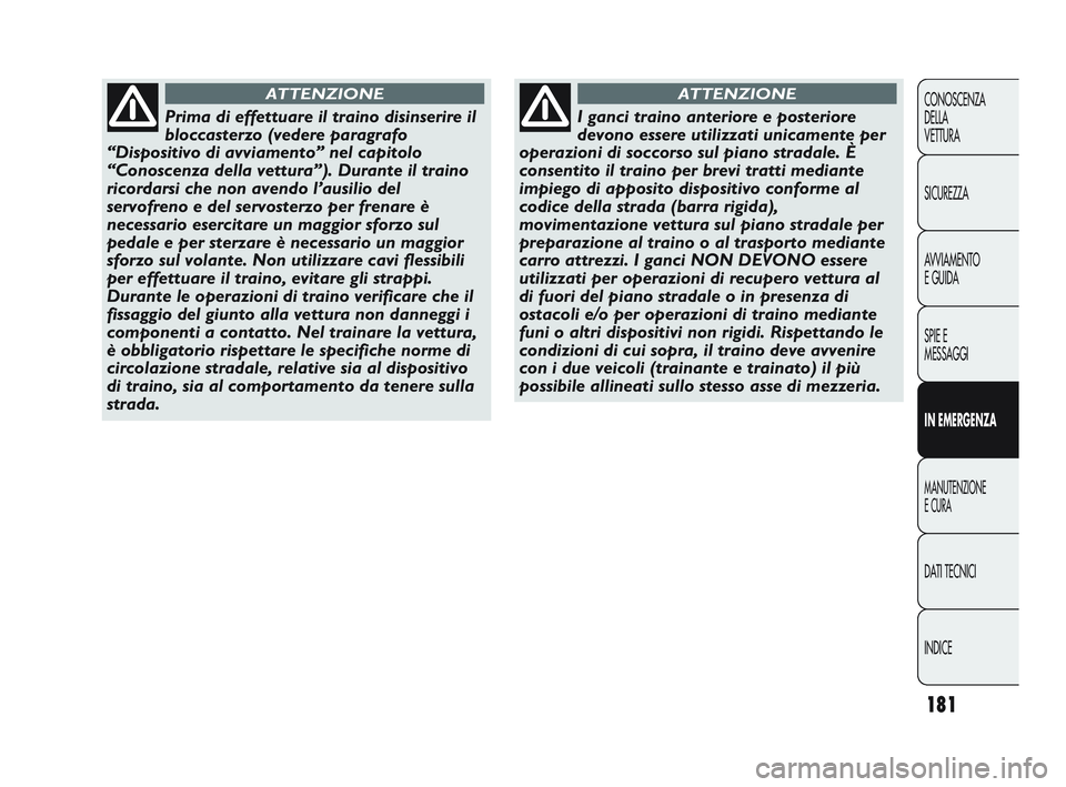 Abarth Punto 2012  Libretto Uso Manutenzione (in Italian) INDICE DATI TECNICI
MANUTENZIONE
E CURA
IN EMERGENZA SPIE E
MESSAGGI A
VVIAMENTO
E GUIDA SICUREZZA CONOSCENZA
DELLA 
VETTURA
181
Prima di effettuare il traino disinserire il
bloccasterzo (vedere parag