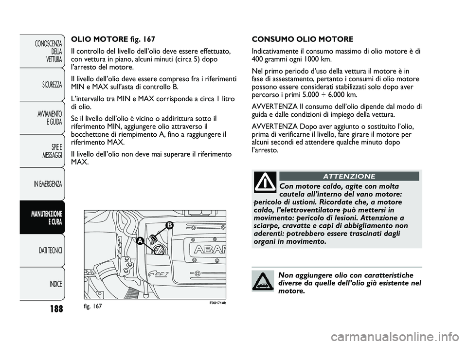 Abarth Punto 2012  Libretto Uso Manutenzione (in Italian) 188
CONOSCENZADELLA 
VETTURA
SICUREZZA
AVVIAMENTO E GUIDA
SPIE E
MESSAGGI
IN EMERGENZA
MANUTENZIONE E CURA
DATI TECNICI
INDICE
F0U171Abfig. 167
OLIO MOTORE fig. 167
Il controllo del livello dell’oli