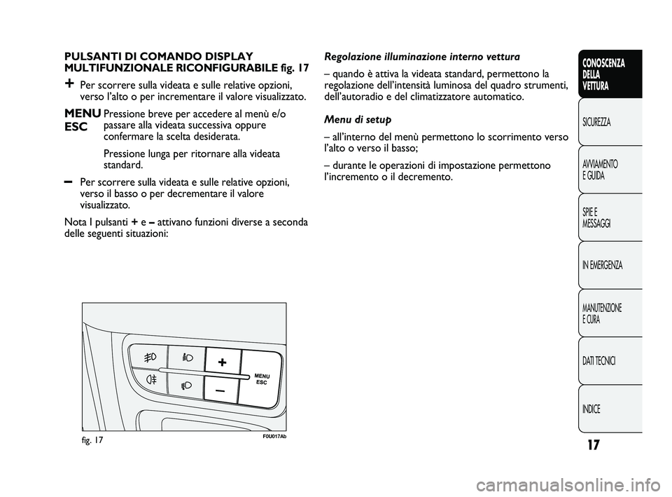 Abarth Punto 2012 Libretto Uso Manutenzione (in Italian) INDICE DATI TECNICI
MANUTENZIONE
E CURA
IN EMERGENZA SPIE E
MESSAGGI AVVIAMENTO
E GUIDA SICUREZZA
CONOSCENZA
DELLA
VETTURA
17
PULSANTI DI COMANDO DISPLAY
MULTIFUNZIONALE RICONFIGURABILE fig. 17
+Per Abarth Punto 2012 Libretto Uso Manutenzione (in Italian) INDICE DATI TECNICI
MANUTENZIONE
E CURA
IN EMERGENZA SPIE E
MESSAGGI AVVIAMENTO
E GUIDA SICUREZZA
CONOSCENZA
DELLA
VETTURA
17
PULSANTI DI COMANDO DISPLAY
MULTIFUNZIONALE RICONFIGURABILE fig. 17
+Per