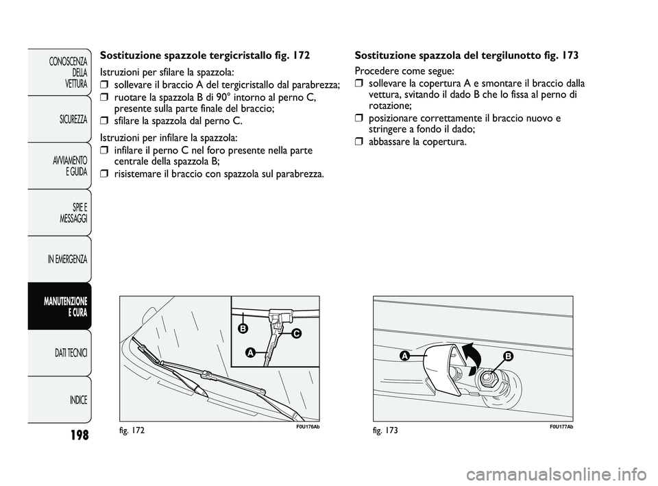 Abarth Punto 2012 Libretto Uso Manutenzione (in Italian) F0U177Abfig. 173198
CONOSCENZADELLA
VETTURA
SICUREZZA
AVVIAMENTO E GUIDA
SPIE E
MESSAGGI
IN EMERGENZA
MANUTENZIONE E CURA
DATI TECNICI
INDICE
F0U176Abfig. 172
Sostituzione spazzole tergicristallo fig Abarth Punto 2012 Libretto Uso Manutenzione (in Italian) F0U177Abfig. 173198
CONOSCENZADELLA
VETTURA
SICUREZZA
AVVIAMENTO E GUIDA
SPIE E
MESSAGGI
IN EMERGENZA
MANUTENZIONE E CURA
DATI TECNICI
INDICE
F0U176Abfig. 172
Sostituzione spazzole tergicristallo fig