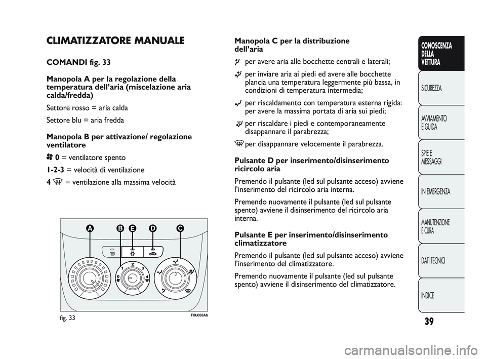 Abarth Punto 2012 Libretto Uso Manutenzione (in Italian) INDICE DATI TECNICI
MANUTENZIONE
E CURA
IN EMERGENZA SPIE E
MESSAGGI AVVIAMENTO
E GUIDA SICUREZZA
CONOSCENZA
DELLA
VETTURA
39
CLIMATIZZATORE MANUALE
COMANDI fig. 33
Manopola A per la regolazione dell Abarth Punto 2012 Libretto Uso Manutenzione (in Italian) INDICE DATI TECNICI
MANUTENZIONE
E CURA
IN EMERGENZA SPIE E
MESSAGGI AVVIAMENTO
E GUIDA SICUREZZA
CONOSCENZA
DELLA
VETTURA
39
CLIMATIZZATORE MANUALE
COMANDI fig. 33
Manopola A per la regolazione dell