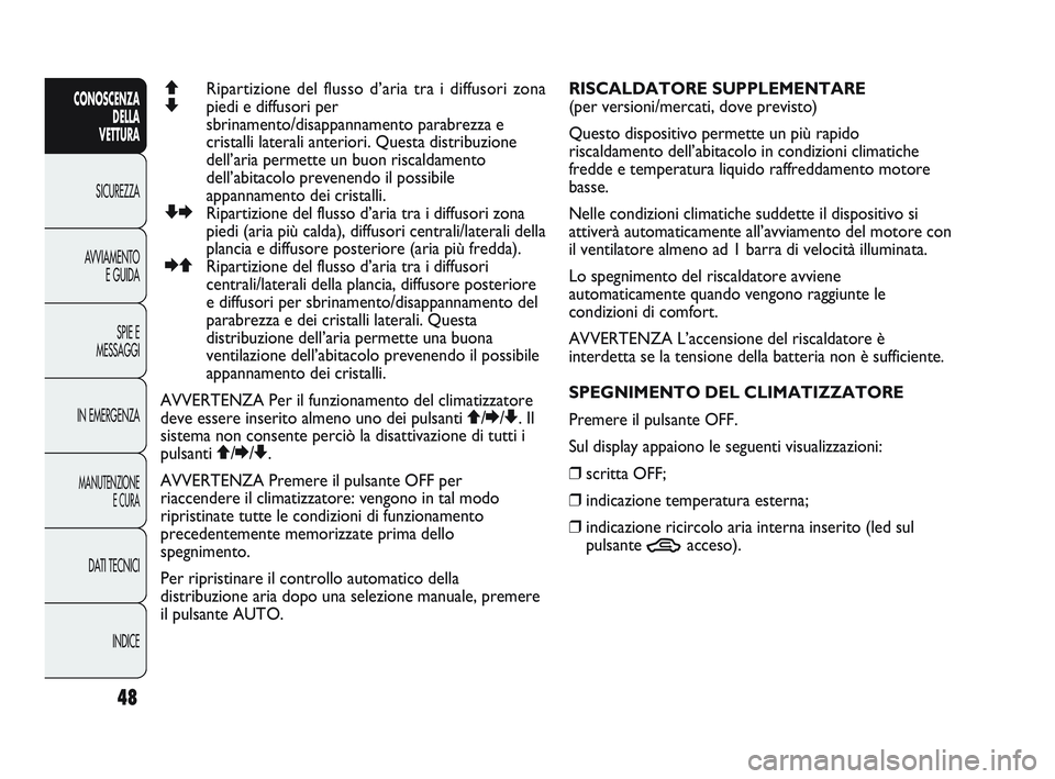 Abarth Punto 2012 Libretto Uso Manutenzione (in Italian) INDICE
DATI TECNICI
MANUTENZIONE
E CURA
IN EMERGENZA SPIE E
MESSAGGI
AVVIAMENTO
E GUIDA
SICUREZZA
CONOSCENZA
DELLA
VETTURA
48
Q Ripartizione del flusso d’aria tra i diffusori zona
Z piedi e diffus Abarth Punto 2012 Libretto Uso Manutenzione (in Italian) INDICE
DATI TECNICI
MANUTENZIONE
E CURA
IN EMERGENZA SPIE E
MESSAGGI
AVVIAMENTO
E GUIDA
SICUREZZA
CONOSCENZA
DELLA
VETTURA
48
Q Ripartizione del flusso d’aria tra i diffusori zona
Z piedi e diffus