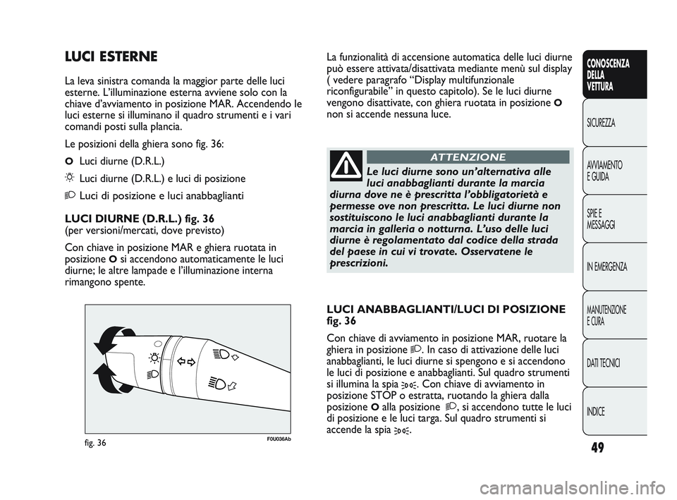 Abarth Punto 2012 Libretto Uso Manutenzione (in Italian) INDICE DATI TECNICI
MANUTENZIONE
E CURA
IN EMERGENZA SPIE E
MESSAGGI AVVIAMENTO
E GUIDA SICUREZZA
CONOSCENZA
DELLA
VETTURA
49
F0U036Abfig. 36
Le luci diurne sono un’alternativa alle
luci anabbaglian Abarth Punto 2012 Libretto Uso Manutenzione (in Italian) INDICE DATI TECNICI
MANUTENZIONE
E CURA
IN EMERGENZA SPIE E
MESSAGGI AVVIAMENTO
E GUIDA SICUREZZA
CONOSCENZA
DELLA
VETTURA
49
F0U036Abfig. 36
Le luci diurne sono un’alternativa alle
luci anabbaglian