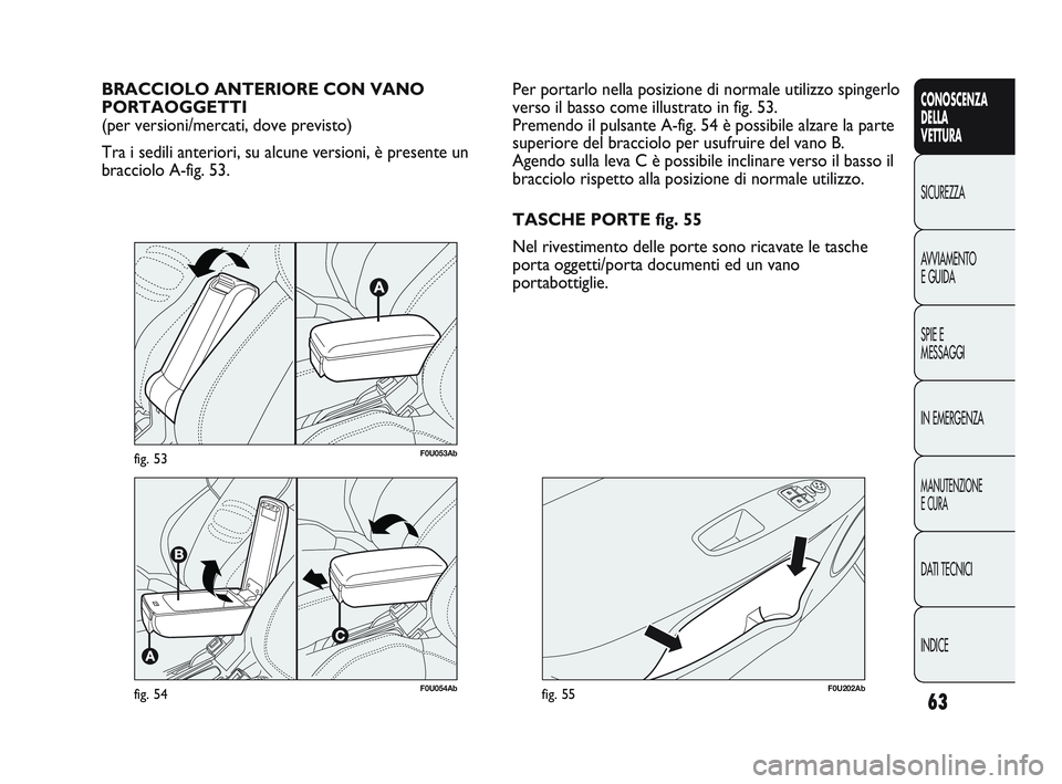 Abarth Punto 2012 Libretto Uso Manutenzione (in Italian) 63
CONOSCENZA
DELLA
VETTURA
SICUREZZA
A
VVIAMENTO
E GUIDA
SPIE E
MESSAGGI
IN EMERGENZA
MANUTENZIONE
E CURA
DATI TECNICI
INDICE
F0U054Abfig. 54
BRACCIOLO ANTERIORE CON VANO
PORTAOGGETTI
(per version Abarth Punto 2012 Libretto Uso Manutenzione (in Italian) 63
CONOSCENZA
DELLA
VETTURA
SICUREZZA
A
VVIAMENTO
E GUIDA
SPIE E
MESSAGGI
IN EMERGENZA
MANUTENZIONE
E CURA
DATI TECNICI
INDICE
F0U054Abfig. 54
BRACCIOLO ANTERIORE CON VANO
PORTAOGGETTI
(per version