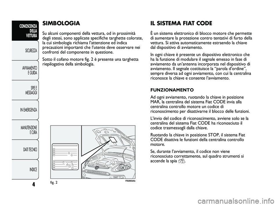 Abarth Punto 2012  Libretto Uso Manutenzione (in Italian) IL SISTEMA FIAT CODE
È un sistema elettronico di blocco motore che permette
di aumentare la protezione contro tentativi di furto della
vettura. Si attiva automaticamente estraendo la chiave
dal dispo