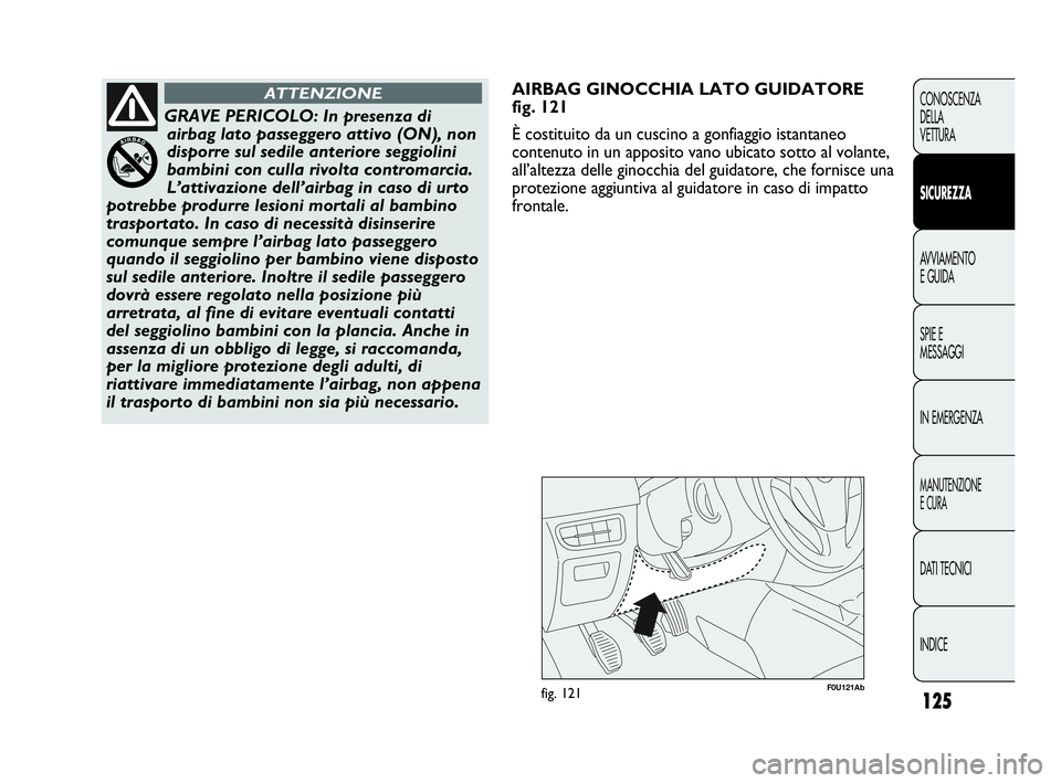 Abarth Punto 2019 Libretto Uso Manutenzione (in Italian) 125
CONOSCENZA
DELLA
VETTURA
SICUREZZA
AVVIAMENTO
E GUIDA
SPIE E
MESSAGGI
IN EMERGENZA
MANUTENZIONE
E CURA
DATI TECNICI
INDICE
F0U121Abfig. 121
AIRBAG GINOCCHIA LATO GUIDATORE
fig. 121
È costituito d Abarth Punto 2019 Libretto Uso Manutenzione (in Italian) 125
CONOSCENZA
DELLA
VETTURA
SICUREZZA
AVVIAMENTO
E GUIDA
SPIE E
MESSAGGI
IN EMERGENZA
MANUTENZIONE
E CURA
DATI TECNICI
INDICE
F0U121Abfig. 121
AIRBAG GINOCCHIA LATO GUIDATORE
fig. 121
È costituito d