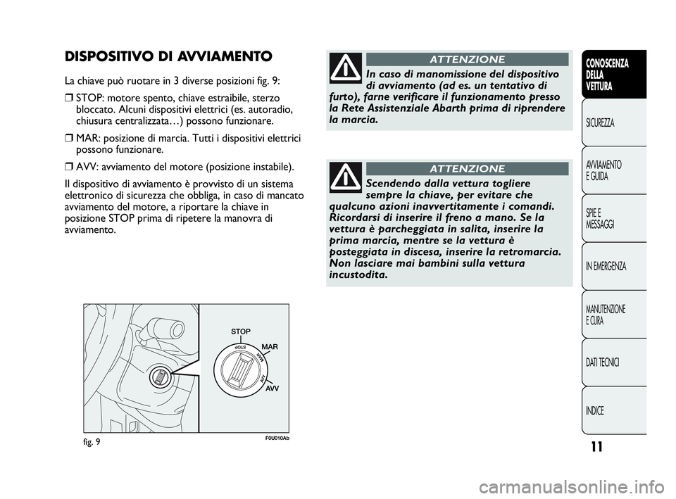 Abarth Punto 2020  Libretto Uso Manutenzione (in Italian) 11
CONOSCENZA
DELLA
VETTURA
SICUREZZA
AVVIAMENTO
E GUIDA
SPIE E
MESSAGGI
IN EMERGENZA
MANUTENZIONE
E CURA
DATI TECNICI
INDICE
fig. 9F0U010Ab
In caso di manomissione del dispositivo
di avviamento (ad e