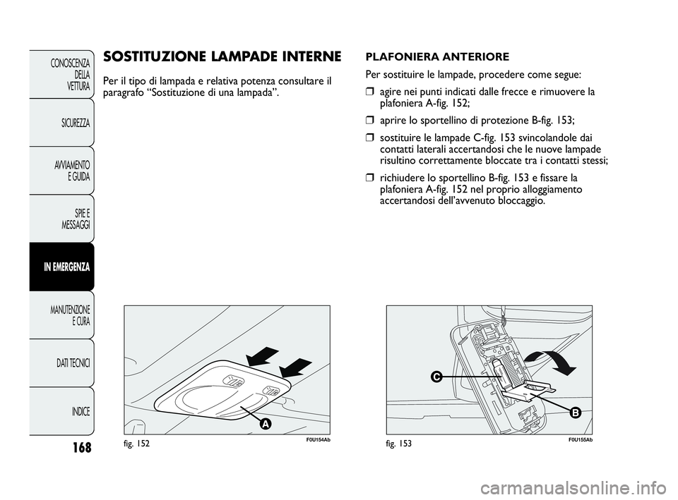 Abarth Punto 2019 Libretto Uso Manutenzione (in Italian) 168
CONOSCENZA
DELLA
VETTURA
SICUREZZA
AVVIAMENTO
E GUIDA
SPIE E
MESSAGGI
IN EMERGENZA
MANUTENZIONE
E CURA
DATI TECNICI
INDICE
F0U154Abfig. 152
SOSTITUZIONE LAMPADE INTERNE
Per il tipo di lampada e re Abarth Punto 2019 Libretto Uso Manutenzione (in Italian) 168
CONOSCENZA
DELLA
VETTURA
SICUREZZA
AVVIAMENTO
E GUIDA
SPIE E
MESSAGGI
IN EMERGENZA
MANUTENZIONE
E CURA
DATI TECNICI
INDICE
F0U154Abfig. 152
SOSTITUZIONE LAMPADE INTERNE
Per il tipo di lampada e re