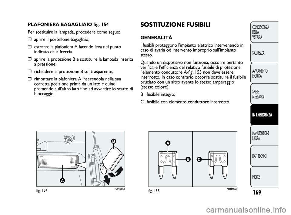 Abarth Punto 2019 Libretto Uso Manutenzione (in Italian) 169
CONOSCENZA
DELLA
VETTURA
SICUREZZA
AVVIAMENTO
E GUIDA
SPIE E
MESSAGGI
IN EMERGENZA
MANUTENZIONE
E CURA
DATI TECNICI
INDICE
F0U156Abfig. 154
PLAFONIERA BAGAGLIAIO fig. 154
Per sostituire la lampada Abarth Punto 2019 Libretto Uso Manutenzione (in Italian) 169
CONOSCENZA
DELLA
VETTURA
SICUREZZA
AVVIAMENTO
E GUIDA
SPIE E
MESSAGGI
IN EMERGENZA
MANUTENZIONE
E CURA
DATI TECNICI
INDICE
F0U156Abfig. 154
PLAFONIERA BAGAGLIAIO fig. 154
Per sostituire la lampada