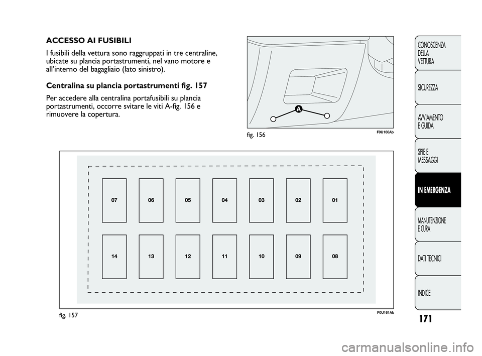 Abarth Punto 2019 Libretto Uso Manutenzione (in Italian) 171
CONOSCENZA
DELLA
VETTURA
SICUREZZA
AVVIAMENTO
E GUIDA
SPIE E
MESSAGGI
IN EMERGENZA
MANUTENZIONE
E CURA
DATI TECNICI
INDICE
F0U160Abfig. 156
F0U161Abfig. 157
ACCESSO AI FUSIBILI
I fusibili della ve Abarth Punto 2019 Libretto Uso Manutenzione (in Italian) 171
CONOSCENZA
DELLA
VETTURA
SICUREZZA
AVVIAMENTO
E GUIDA
SPIE E
MESSAGGI
IN EMERGENZA
MANUTENZIONE
E CURA
DATI TECNICI
INDICE
F0U160Abfig. 156
F0U161Abfig. 157
ACCESSO AI FUSIBILI
I fusibili della ve