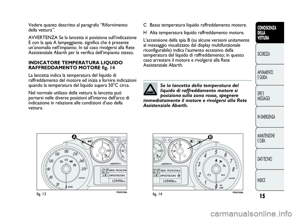 Abarth Punto 2016  Libretto Uso Manutenzione (in Italian) INDICE DATI TECNICI
MANUTENZIONE
E CURA
IN EMERGENZA SPIE E
MESSAGGI AVVIAMENTO
E GUIDA SICUREZZA
CONOSCENZA
DELLA
VETTURA
15
F0U015Abfig. 13F0U016Abfig. 14
C Bassa temperatura liquido raffreddamento 