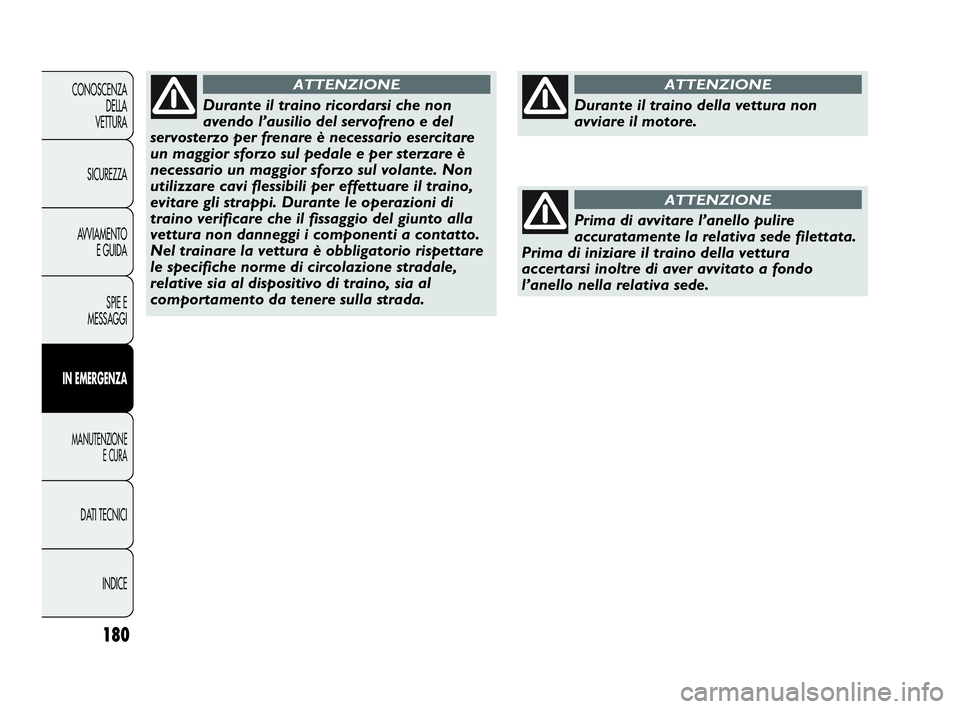 Abarth Punto 2019  Libretto Uso Manutenzione (in Italian) INDICE DATI TECNICI
MANUTENZIONE
E CURA
IN EMERGENZA
SPIE E
MESSAGGI AVVIAMENTO
E GUIDA SICUREZZA CONOSCENZA
DELLA
VETTURA
180
Durante il traino ricordarsi che non
avendo l’ausilio del servofreno e 