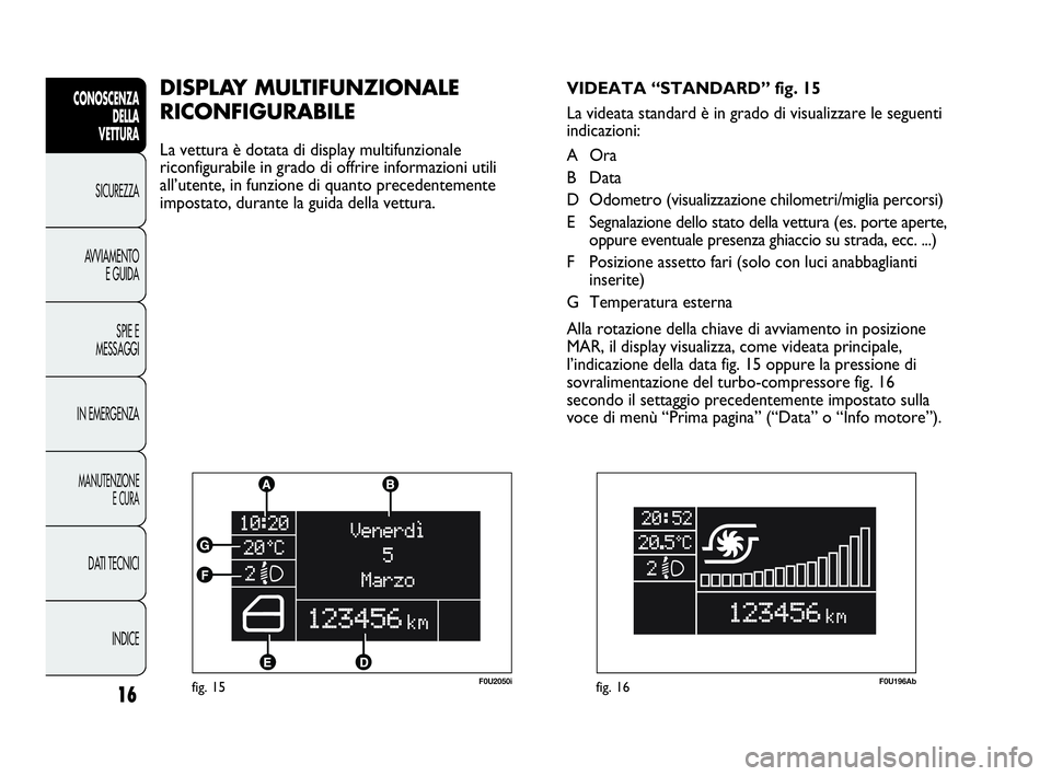 Abarth Punto 2016  Libretto Uso Manutenzione (in Italian) INDICE DATI TECNICI
MANUTENZIONE
E CURA
IN EMERGENZASPIE E
MESSAGGI AVVIAMENTO
E GUIDA SICUREZZA
CONOSCENZA
DELLA
VETTURA
16fig. 15F0U2050i
DISPLAY MULTIFUNZIONALE 
RICONFIGURABILE
La vettura è dotat