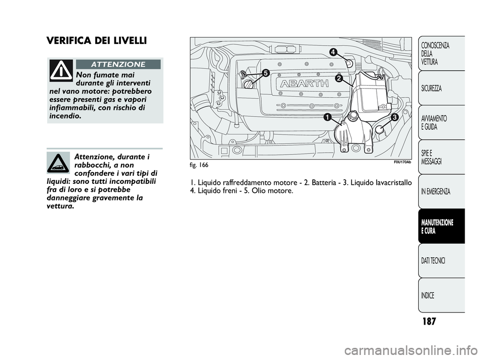 Abarth Punto 2019 Libretto Uso Manutenzione (in Italian) 187
CONOSCENZA
DELLA
VETTURA
SICUREZZA
AVVIAMENTO
E GUIDA
SPIE E
MESSAGGI
IN EMERGENZA
MANUTENZIONE
E CURA
DATI TECNICI
INDICE
VERIFICA DEI LIVELLI
fig. 166
Non fumate mai
durante gli interventi
nel v Abarth Punto 2019 Libretto Uso Manutenzione (in Italian) 187
CONOSCENZA
DELLA
VETTURA
SICUREZZA
AVVIAMENTO
E GUIDA
SPIE E
MESSAGGI
IN EMERGENZA
MANUTENZIONE
E CURA
DATI TECNICI
INDICE
VERIFICA DEI LIVELLI
fig. 166
Non fumate mai
durante gli interventi
nel v