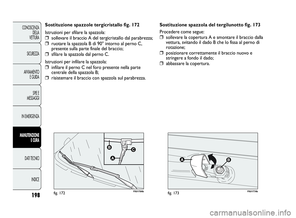 Abarth Punto 2019 Libretto Uso Manutenzione (in Italian) F0U177Abfig. 173198
CONOSCENZA
DELLA
VETTURA
SICUREZZA
AVVIAMENTO
E GUIDA
SPIE E
MESSAGGI
IN EMERGENZA
MANUTENZIONE
E CURA
DATI TECNICI
INDICE
F0U176Abfig. 172
Sostituzione spazzole tergicristallo fig Abarth Punto 2019 Libretto Uso Manutenzione (in Italian) F0U177Abfig. 173198
CONOSCENZA
DELLA
VETTURA
SICUREZZA
AVVIAMENTO
E GUIDA
SPIE E
MESSAGGI
IN EMERGENZA
MANUTENZIONE
E CURA
DATI TECNICI
INDICE
F0U176Abfig. 172
Sostituzione spazzole tergicristallo fig