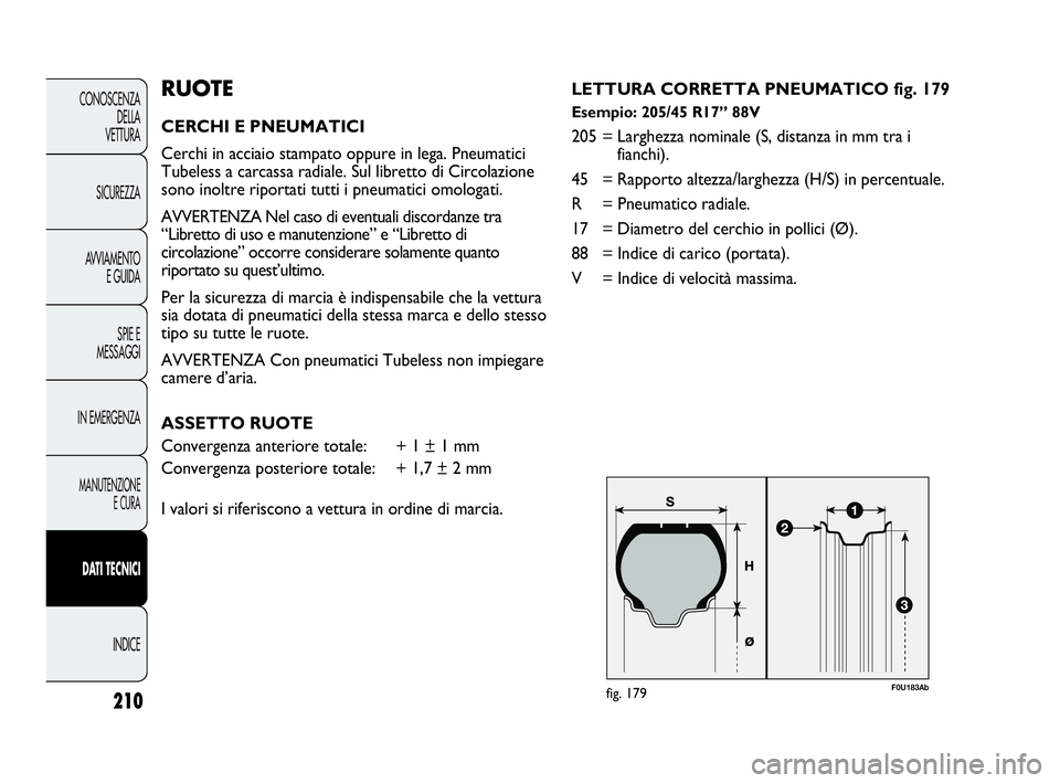 Abarth Punto 2019  Libretto Uso Manutenzione (in Italian) F0U183Abfig. 179
RUOTE
CERCHI E PNEUMATICI
Cerchi in acciaio stampato oppure in lega. Pneumatici 
Tubeless a carcassa radiale. Sul libretto di Circolazione
sono inoltre riportati tutti i pneumatici om