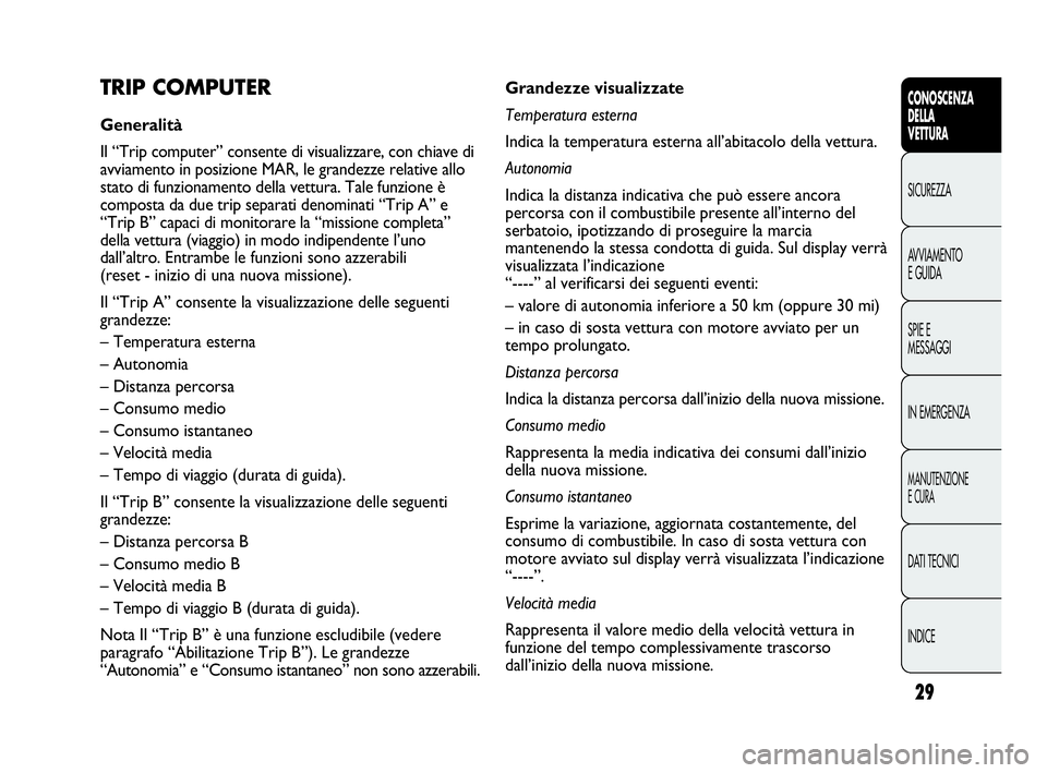 Abarth Punto 2015  Libretto Uso Manutenzione (in Italian) 29
CONOSCENZA
DELLA
VETTURA
SICUREZZA
AVVIAMENTO
E GUIDA
SPIE E
MESSAGGI
IN EMERGENZA
MANUTENZIONE
E CURA
DATI TECNICI
INDICE
Grandezze visualizzate
Temperatura esterna
Indica la temperatura esterna a