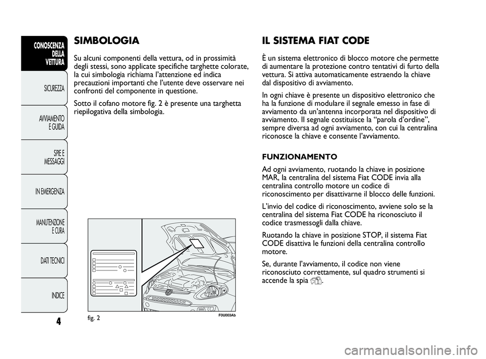 Abarth Punto 2013  Libretto Uso Manutenzione (in Italian) IL SISTEMA FIAT CODE
È un sistema elettronico di blocco motore che permette
di aumentare la protezione contro tentativi di furto della
vettura. Si attiva automaticamente estraendo la chiave
dal dispo