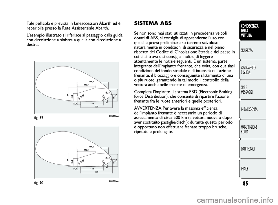 Abarth Punto 2019  Libretto Uso Manutenzione (in Italian) 85
CONOSCENZA
DELLA
VETTURA
SICUREZZA
AVVIAMENTO
E GUIDA
SPIE E
MESSAGGI
IN EMERGENZA
MANUTENZIONE
E CURA
DATI TECNICI
INDICE
Tale pellicola è prevista in Lineaccessori Abarth ed è
reperibile presso