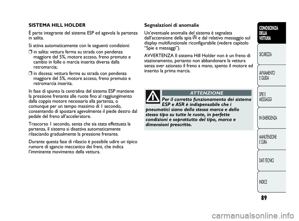 Abarth Punto 2016  Libretto Uso Manutenzione (in Italian) 89
CONOSCENZA
DELLA
VETTURA
SICUREZZA
AVVIAMENTO
E GUIDA
SPIE E
MESSAGGI
IN EMERGENZA
MANUTENZIONE
E CURA
DATI TECNICI
INDICE
SISTEMA HILL HOLDER 
È parte integrante del sistema ESP ed agevola la par