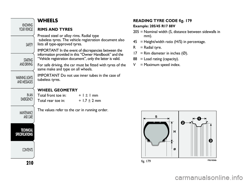 Abarth Punto 2015  Owner handbook (in English) F0U183Abfig. 179
WHEELS
RIMS AND TYRES
Pressed steel or alloy rims. Radial type
tubeless tyres. The vehicle registration document also
lists all type-approved tyres.
IMPORTANT In the event of discrepa