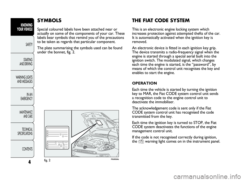 Abarth Punto 2015  Owner handbook (in English) THE FIAT CODE SYSTEM
This is an electronic engine locking system which
increases protection against attempted thefts of the car.
It is automatically activated when the ignition key is
removed.
An elec