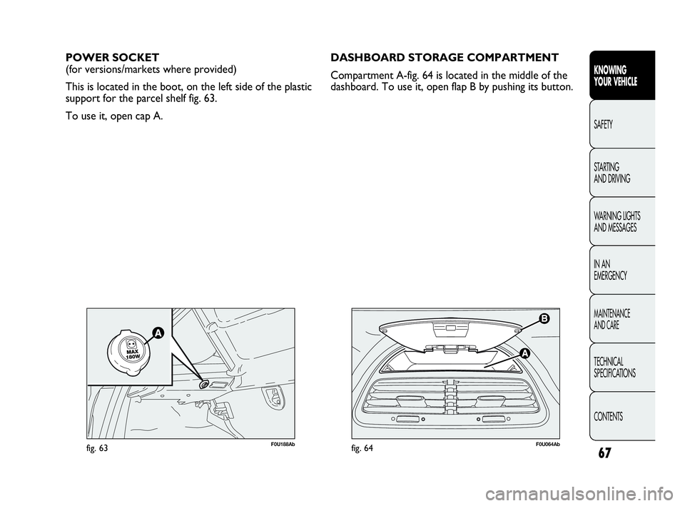 Abarth Punto 2016  Owner handbook (in English) 67
KNOWING
YOUR VEHICLE
SAFETY
STARTING 
AND DRIVING
WARNING LIGHTS
AND MESSAGES
IN AN 
EMERGENCY
MAINTENANCE
AND CARE
TECHNICAL
SPECIFICATIONS
CONTENTS
F0U064Abfig. 64
POWER SOCKET
(for versions/mark