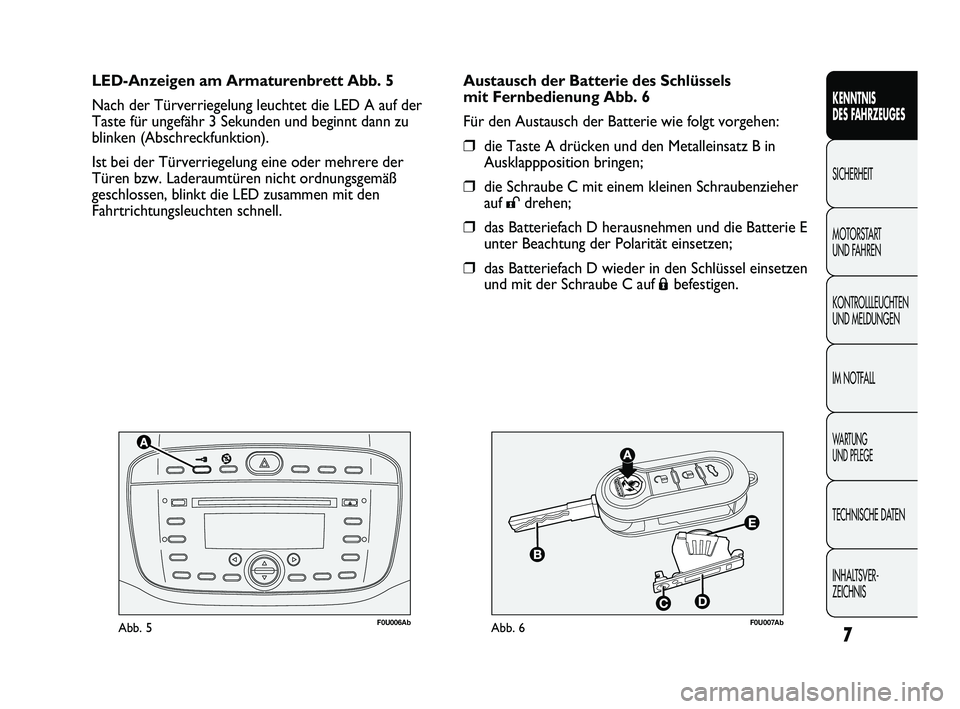 Abarth Punto 2012 Betriebsanleitung (in German) 7
F0U006AbAbb. 5F0U007AbAbb. 6
Austausch der Batterie des Schlüssels
mit Fernbedienung Abb. 6
Für den Austausch der Batterie wie folgt vorgehen:
❒die Taste A drücken und den Metalleinsatz B in
A Abarth Punto 2012 Betriebsanleitung (in German) 7
F0U006AbAbb. 5F0U007AbAbb. 6
Austausch der Batterie des Schlüssels
mit Fernbedienung Abb. 6
Für den Austausch der Batterie wie folgt vorgehen:
❒die Taste A drücken und den Metalleinsatz B in
A