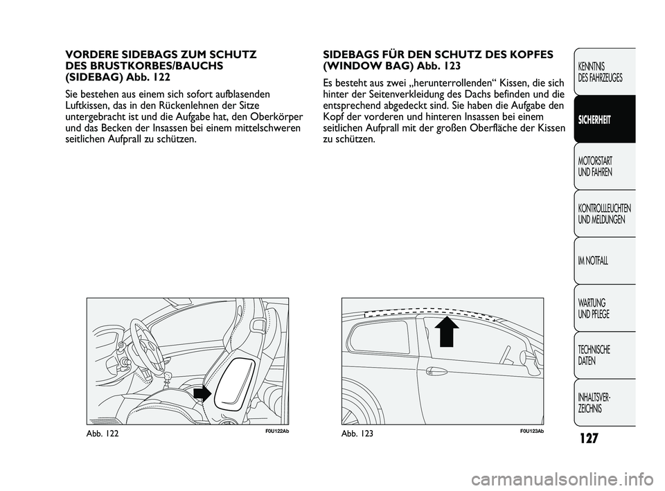 Abarth Punto 2012  Betriebsanleitung (in German) 127
KENNTNIS 
DES FAHRZEUGES
SICHERHEIT
MOTORSTART 
UND F
 AHREN
KONTROLLLEUCHTEN
UND MELDUNGEN
IM NOTFALL
WA R T U N G  
UND PFLEGE
TECHNISCHE 
DATEN
INHALTSVER-
ZEICHNIS 
SIDEBAGS FÜR DEN SCHUTZ DE