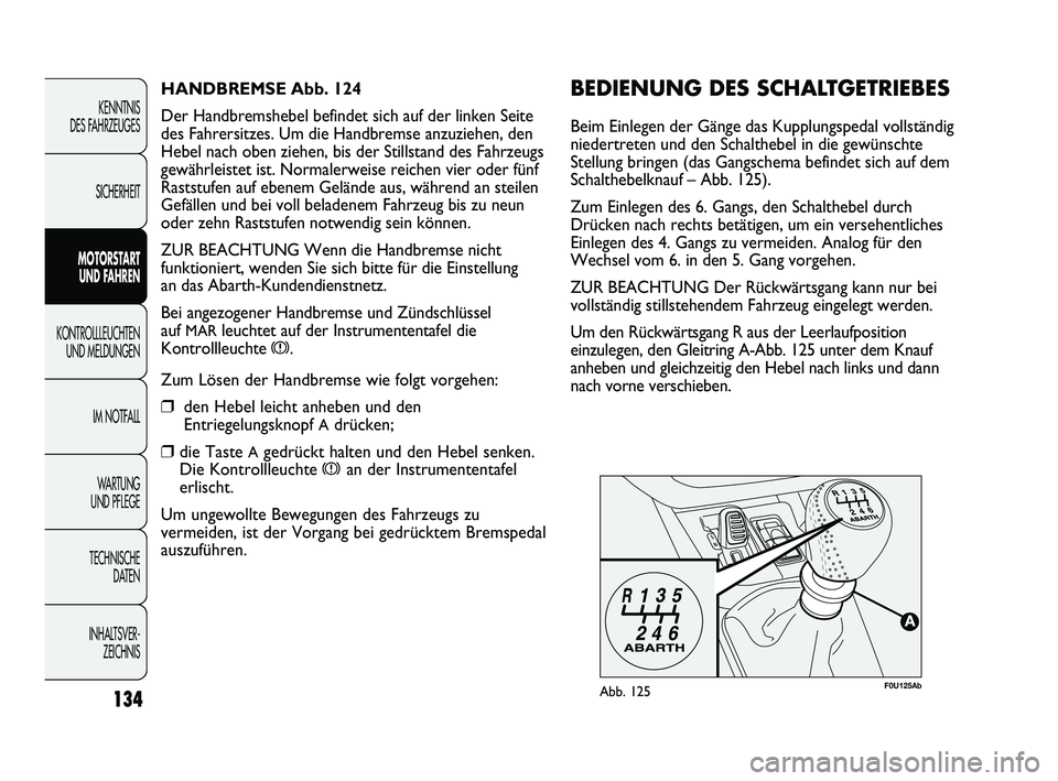 Abarth Punto 2012  Betriebsanleitung (in German) 134
KENNTNIS 
DES FAHRZEUGES
SICHERHEIT
MOTORSTART UND F
 AHREN
KONTROLLLEUCHTEN UND MELDUNGEN
IM NOTF

ALL
WA R T U N G  
UND PFLEGE
TECHNISCHE  DATEN
INHALTSVER- ZEICHNIS 
F0U125AbAbb. 125
BEDIENUNG