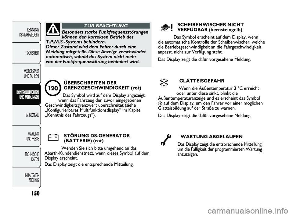 Abarth Punto 2012  Betriebsanleitung (in German) 150
KENNTNIS 
DES FAHRZEUGES
SICHERHEIT
MOTORSTART  UND FAHREN
KONTROLLLEUCHTEN UND MELDUNGEN
IM NOTFALL
WA R T U N G  
UND PFLEGE
TECHNISCHE DATEN
INHALTSVER- ZEICHNIS 
Besonders starke Funkfrequenzs