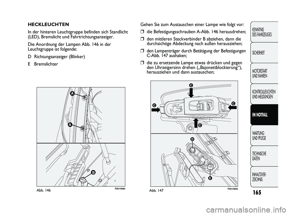 Abarth Punto 2012  Betriebsanleitung (in German) 165
KENNTNIS 
DES FAHRZEUGES
SICHERHEIT
MOTORSTART 
UND FAHREN
KONTROLLLEUCHTEN
UND MELDUNGEN
IM NOTFALL
WA R T U N G
UND PFLEGE
TECHNISCHE 
DA

TEN
INHALTSVER-
ZEICHNIS 
HECKLEUCHTEN 
In der hinteren