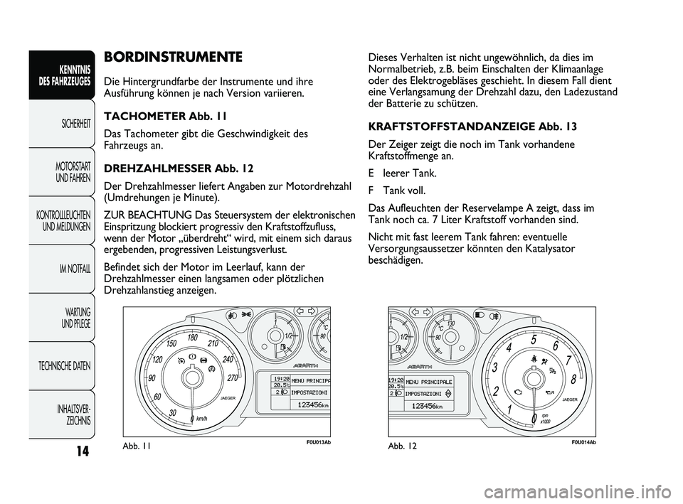 Abarth Punto 2012  Betriebsanleitung (in German) INHALTSVER-ZEICHNIS
TECHNISCHE DATEN
WA R T U N G  
UND PFLEGE
IM NOTFALL
KONTROLLLEUCHTEN
UND MELDUNGEN MOTORSTART 
UND FAHREN SICHERHEIT
KENNTNIS 
DES F

AHRZEUGES
14
BORDINSTRUMENTE 
Die Hintergrun