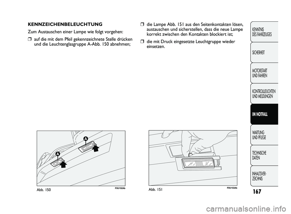Abarth Punto 2012  Betriebsanleitung (in German) 167
KENNTNIS 
DES FAHRZEUGES
SICHERHEIT
MOTORSTART 
UND FAHREN
KONTROLLLEUCHTEN
UND MELDUNGEN
IM NOTFALL
WA R T U N G
UND PFLEGE
TECHNISCHE 
DA

TEN
INHALTSVER-
ZEICHNIS 
KENNZEICHENBELEUCHTUNG
Zum Au