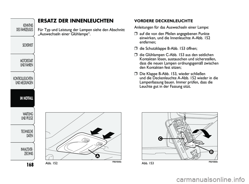 Abarth Punto 2012  Betriebsanleitung (in German) 168
KENNTNIS 
DES FAHRZEUGES
SICHERHEIT
MOTORSTART  UND FAHREN
KONTROLLLEUCHTEN UND MELDUNGEN
IM NOTFALL
WA R T U N G  
UND PFLEGE
TECHNISCHE  DA

TEN
INHALTSVER- ZEICHNIS
F0U154AbAbb. 152
ERSATZ DER 