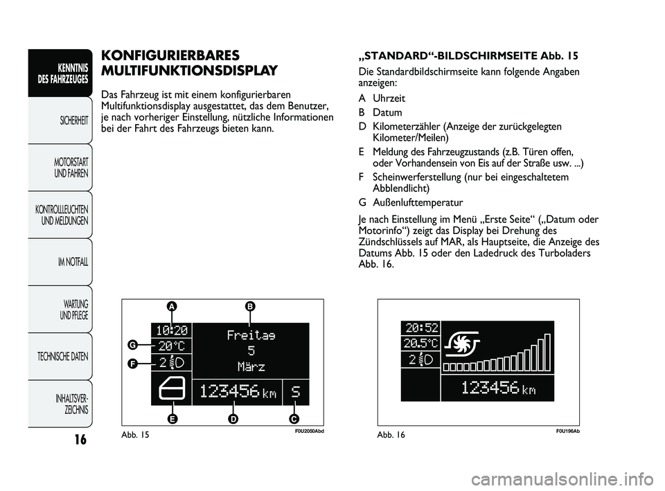 Abarth Punto 2012  Betriebsanleitung (in German) INHALTSVER-ZEICHNIS
TECHNISCHE DATEN
WA R T U N G  
UND PFLEGE
IM NOTFALL
KONTROLLLEUCHTEN
UND MELDUNGEN MOTORSTART 
UND FAHREN SICHERHEIT
KENNTNIS 
DES F

AHRZEUGES
16Abb. 15F0U2050Abd
KONFIGURIERBAR