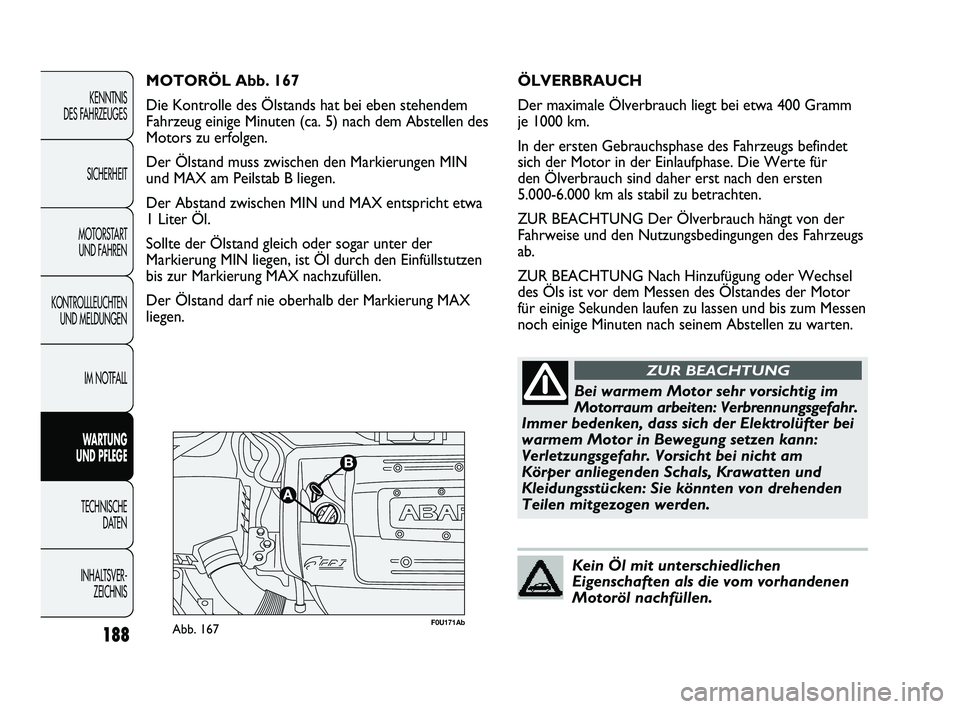 Abarth Punto 2012 Betriebsanleitung (in German) 188
KENNTNIS
DES FAHRZEUGES
SICHERHEIT
MOTORSTART UND FAHREN
KONTROLLLEUCHTEN UND MELDUNGEN
IM NOTFALL
WARTUNG
UND PFLEGE
TECHNISCHE DA
TEN
INHALTSVER- ZEICHNIS
F0U171AbAbb. 167
MOTORÖL Abb. 16 Abarth Punto 2012 Betriebsanleitung (in German) 188
KENNTNIS
DES FAHRZEUGES
SICHERHEIT
MOTORSTART UND FAHREN
KONTROLLLEUCHTEN UND MELDUNGEN
IM NOTFALL
WARTUNG
UND PFLEGE
TECHNISCHE DA
TEN
INHALTSVER- ZEICHNIS
F0U171AbAbb. 167
MOTORÖL Abb. 16
