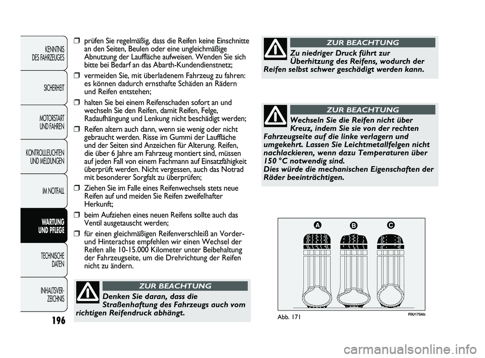 Abarth Punto 2012 Betriebsanleitung (in German) 196
KENNTNIS
DES FAHRZEUGES
SICHERHEIT
MOTORSTART UND FAHREN
KONTROLLLEUCHTEN UND MELDUNGEN
IM NOTFALL
WARTUNG
UND PFLEGE
TECHNISCHE DA
TEN
INHALTSVER- ZEICHNIS
F0U175AbAbb. 171
Denken Sie daran Abarth Punto 2012 Betriebsanleitung (in German) 196
KENNTNIS
DES FAHRZEUGES
SICHERHEIT
MOTORSTART UND FAHREN
KONTROLLLEUCHTEN UND MELDUNGEN
IM NOTFALL
WARTUNG
UND PFLEGE
TECHNISCHE DA
TEN
INHALTSVER- ZEICHNIS
F0U175AbAbb. 171
Denken Sie daran